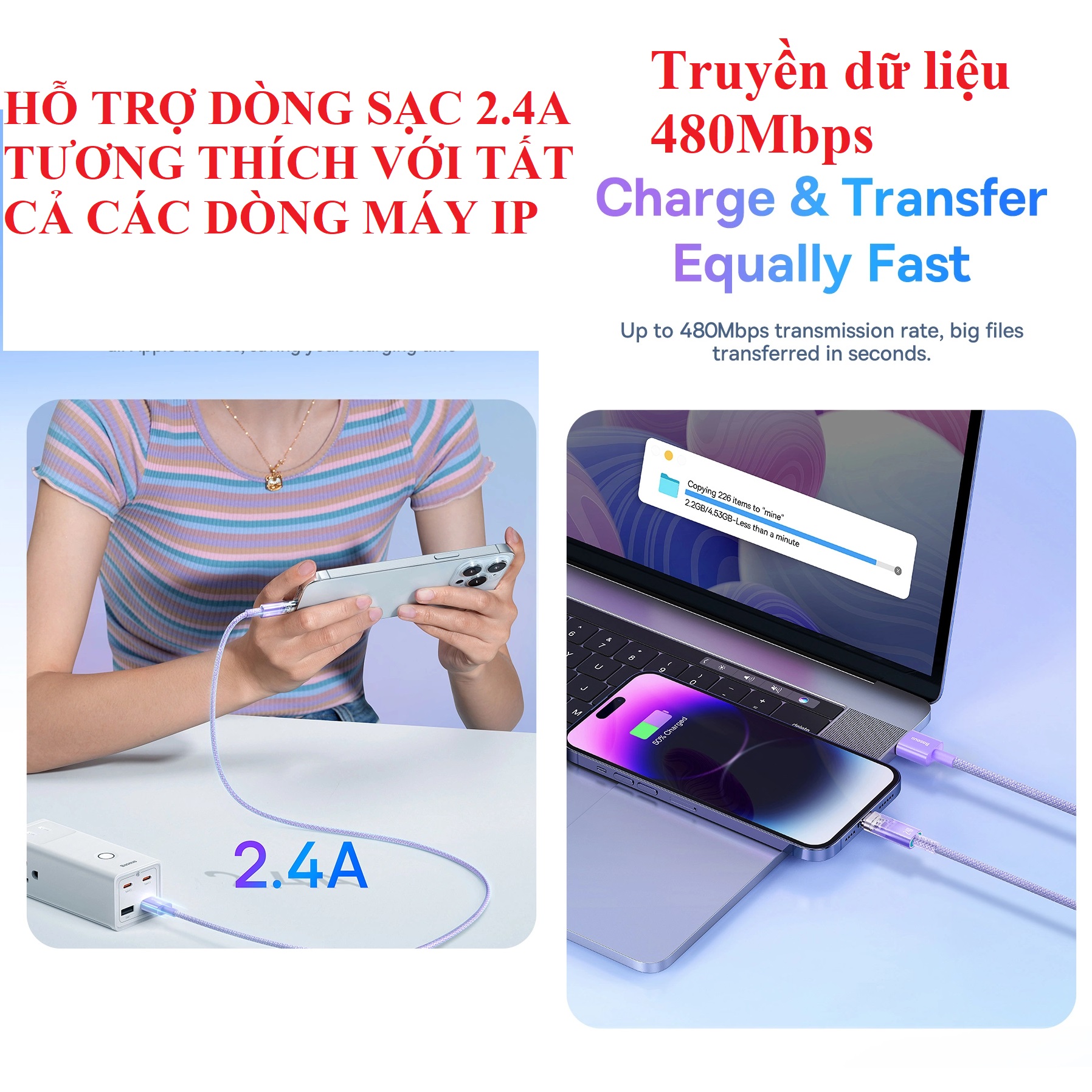 Cáp sạc ip tự ngắt với bộ đôi chip thông minh dòng 2.4A Usb-ip Baseus Explorer (Mới) CB000041 _ hàng chính hãng