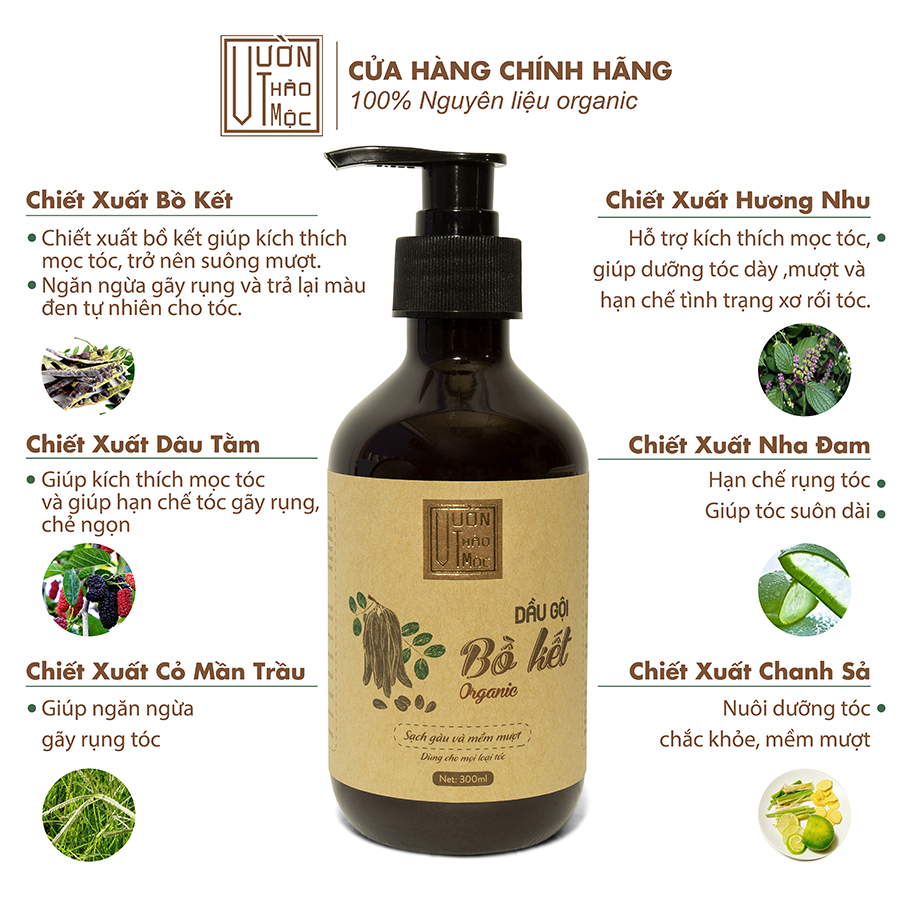 Dầu Gội Bồ Kết VƯỜN THẢO MỘC ORGANIC Cho Mái Tóc Chắc Khỏe Hương Thơm Mát Tự Nhiên Chai Vừa 300ml/500ml