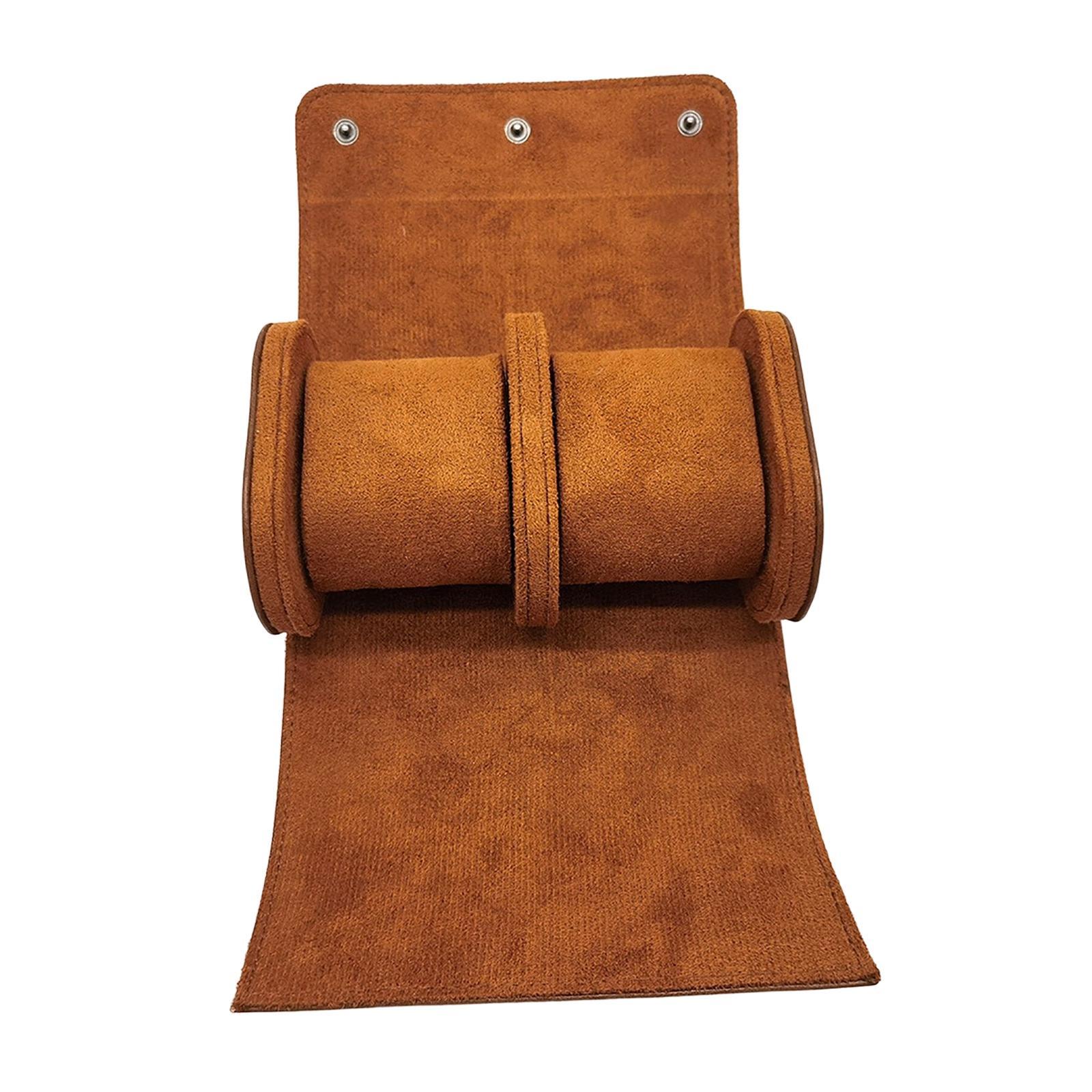 2 Slots Watch Roll Travel Case PU Leather Organizer for Men Women Brown