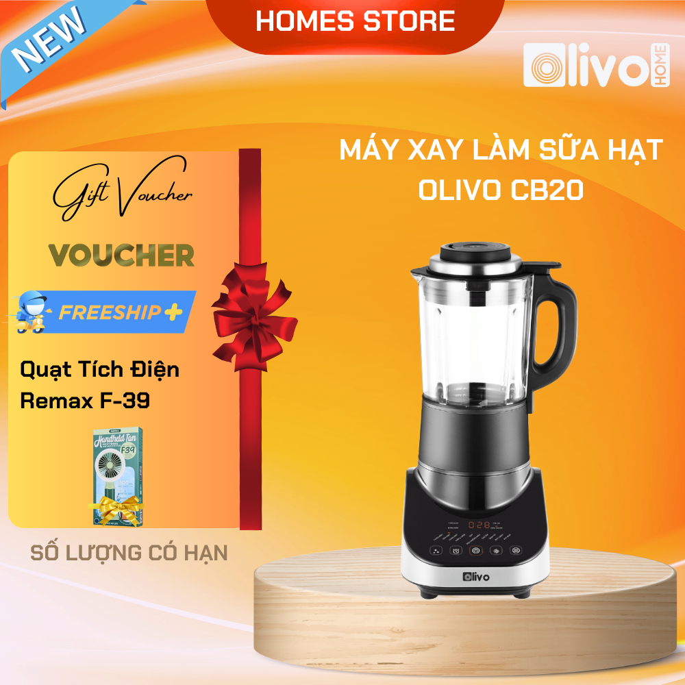 Máy Nấu Sữa Hạt, Máy Làm Sữa Hạt OLIVO CB20 Thương Hiệu Mỹ Cao Cấp Gồm 12 Chức Năng Xay Nấu Độ Ồn Thấp Kèm Cối Xay Khô Tự Vệ Sinh Khử Khuẩn Công Suất 1000W - Hàng Chính Hãng