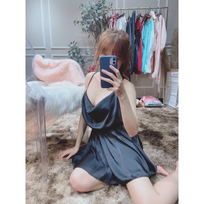 Váy ngủ nữ, váy 2 dây cổ đổ hở lưng chất lụa satin, có kèm quần ngắn bên trong, phom váy đẹp, gợi cảm cho phái nữ