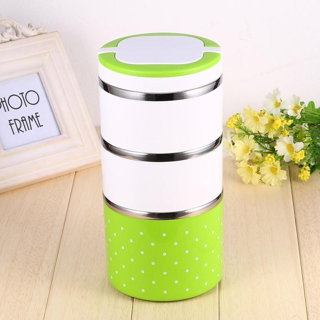 Cặp lồng cơm 3 tầng chấm bi ruột inox giữ nhiệt - Hộp cơm 3 tầng chấm bi