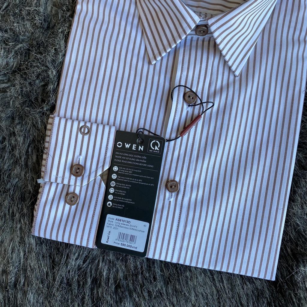 OWEN - Áo sơ mi dài tay Owen Slimfit chất sợi tre màu trắng kẻ sọc nâu 61013