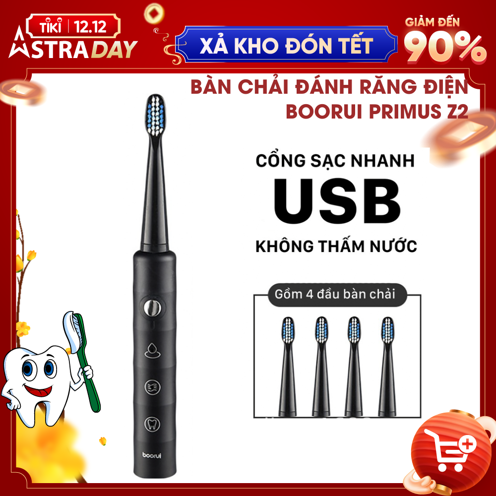 Bàn Chải Điện BOORUI Primus Z2 3 Chế Độ , Bàn Chải Đánh Răng Tặng Kèm 3 Đầu Bản Chải - Hàng Chính Hãng , Chống Nước IPX7 , Sạc nhanh USB