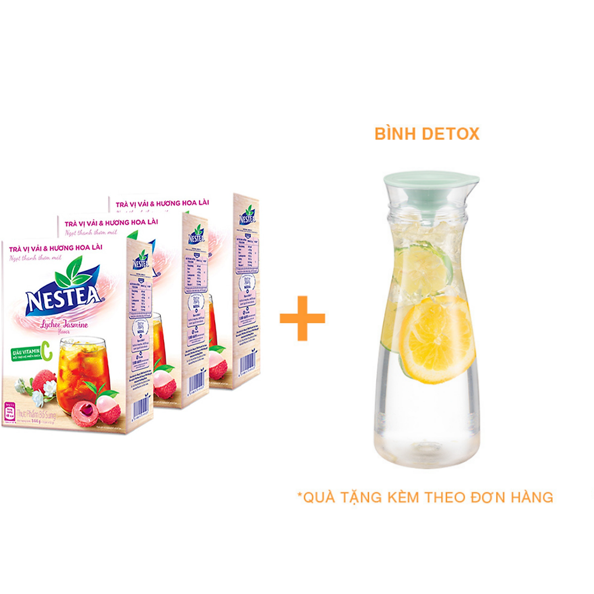 Combo 3 hộp trà Nestea vị vải hương hoa lài (Hộp 12 gói x 12g) - [Tặng 1 bình detox nhựa nguyên sinh]