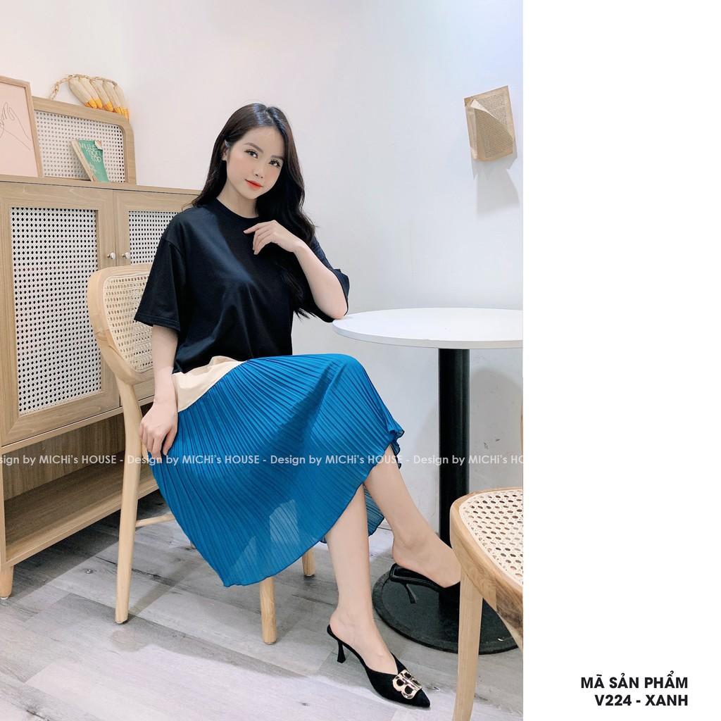 Váy thun suông phối màu, chất cotton, chân xếp ly, đầm xuông rộng freesize, đủ màu, mã V224 - Michi's House