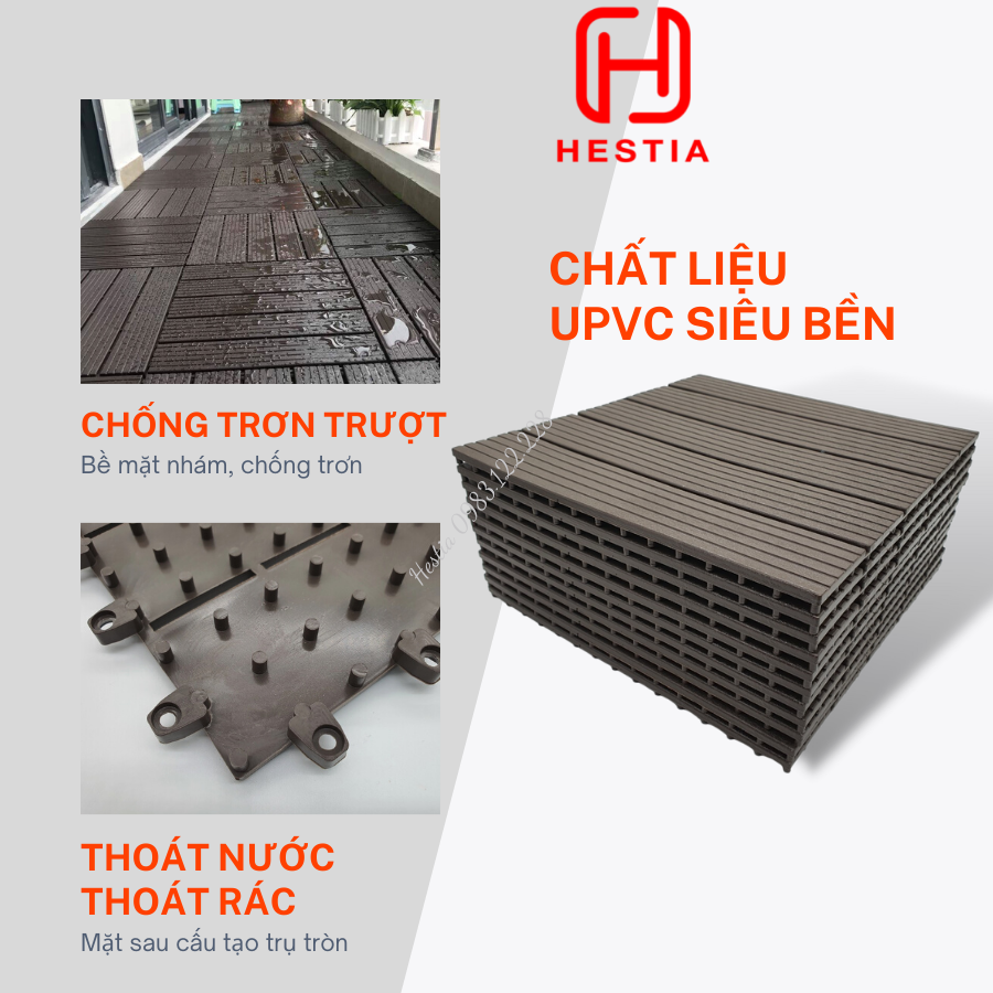 COMBO 11 Vỉ lót sàn nhựa uPVC cao cấp 3T-450, Tấm nhựa trải sàn trang trí ban công / sân vườn / sân thượng; lót sàn chống trơn trượt nhà tắm / bể bơi - Hàng Việt Nam chất lượng cao