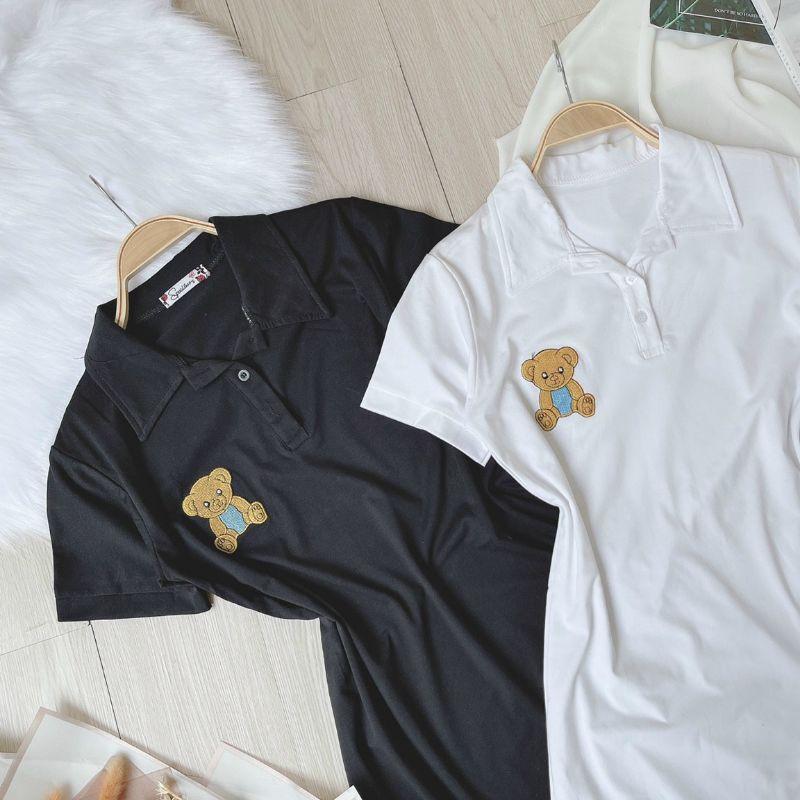 Đầm thun polo thêu gấu basic trắng - đen - Đ01