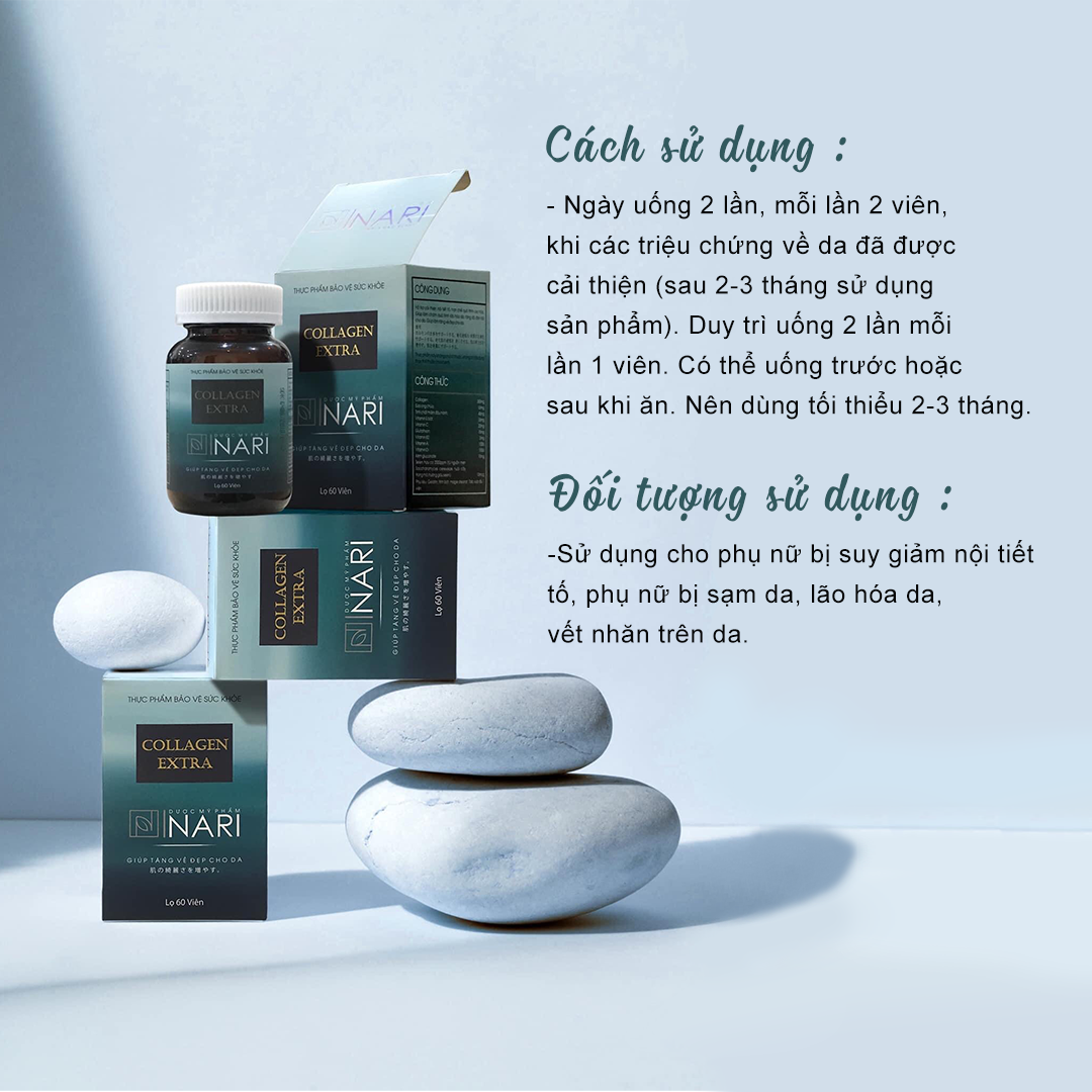 Viên Uống Collagen Extra Nari Chắc Xương Khỏe Tóc giảm lão hóa tăng vòng 1 đẹp da Chuẩn GMP 60 Viên