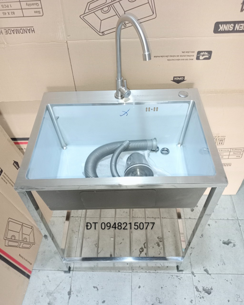 CHẬU RỬA CHÉN ĐÚC INOX 304 - 1 HỘC CÓ CHÂN KT 60x45x78 DxRxC