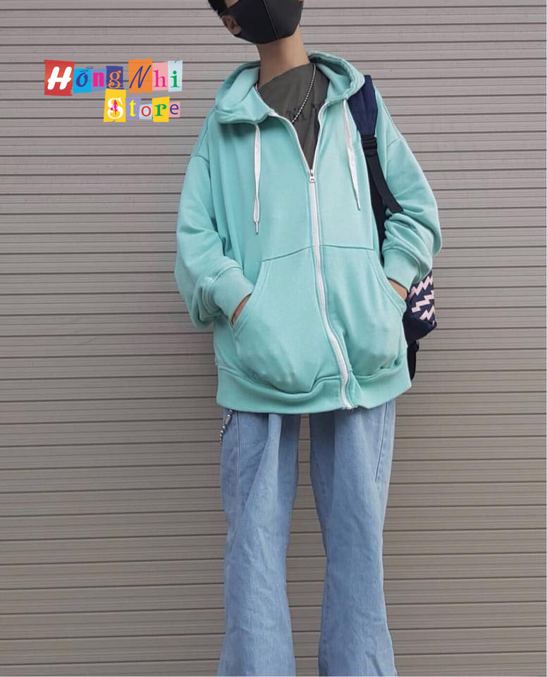 Áo Khoác Hoodie Zip Trơn Oversize Ulzzang Unisex Hoodie Dây Kéo Màu Xanh Ngọc Dáng Rộng - MM
