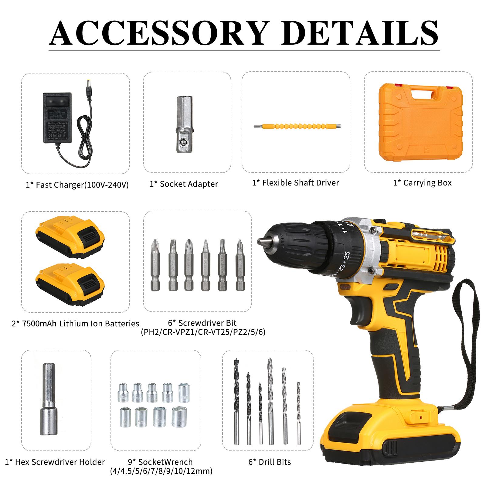 Cordless Drill Driver Kits with 2 Battery 21V Hand-held Electric Drill with 3/8inch Keyless Chuck LED Work Light for Drilling Wall Bricks Wood Metal Toolbox Package