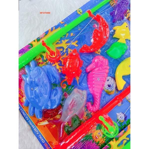 Vỉ Bộ Câu Cá 11 Sinh Vật Biển + 2 Cần Câu Có Nam Châm Phao, Vợt Nhiều Màu Đồ Chơi Bé Trai, Gái