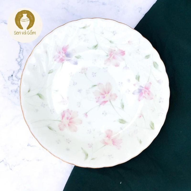 19.5cm dĩa kiểu màu trắng có hoa màu hồng gốm sứ Nhật SVG4631