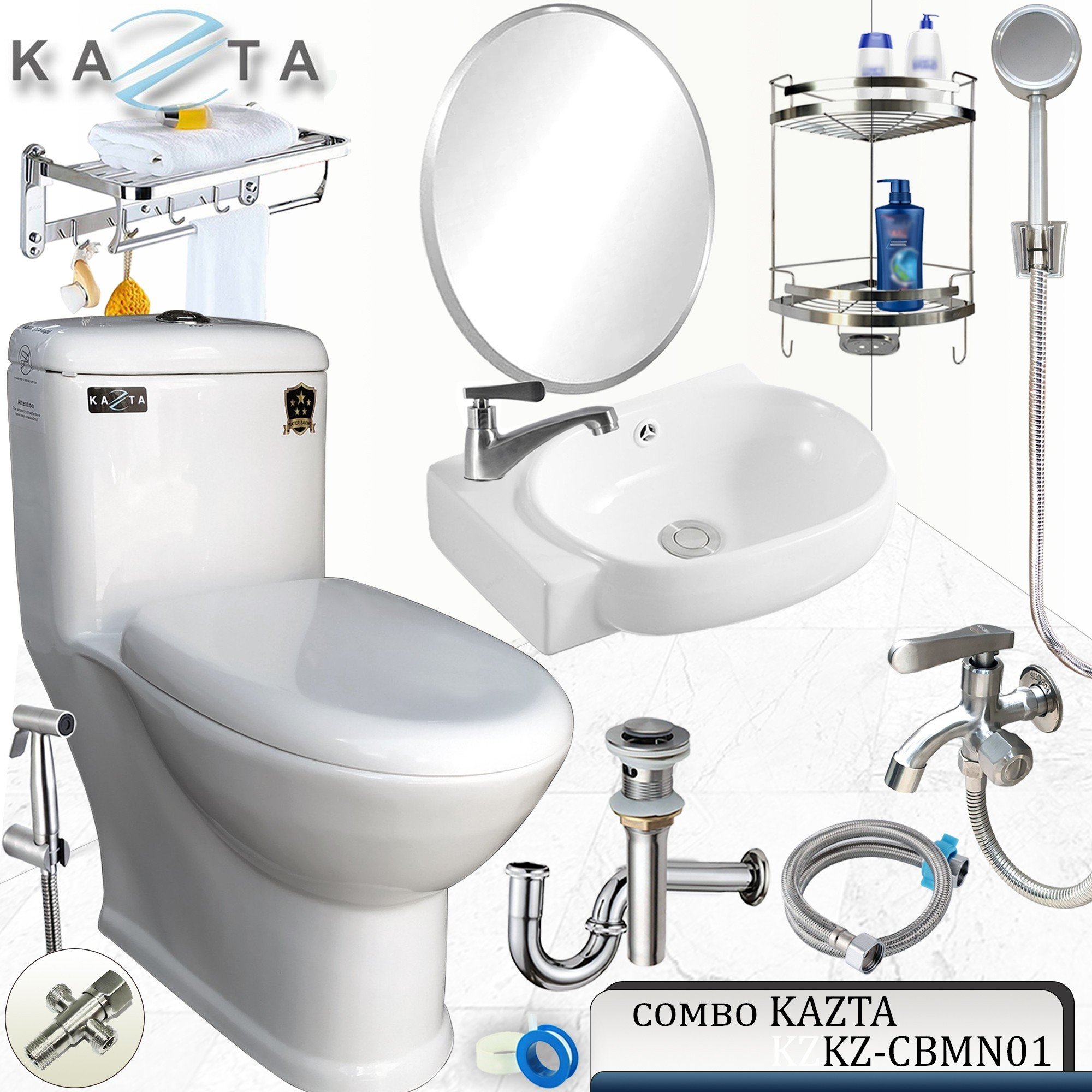 Combo Thiết Bị Nhà Tắm Nhỏ Gọn Kazta KZ-CBMN01: Bồn Cầu 1 Khối-Vòi Xịt-Lavabo Góc-Vòi Lạnh-Bộ Sen Tắm Lạnh-Gương-Giá Treo Khăn Đa Năng-Kệ Góc 2 Tầng