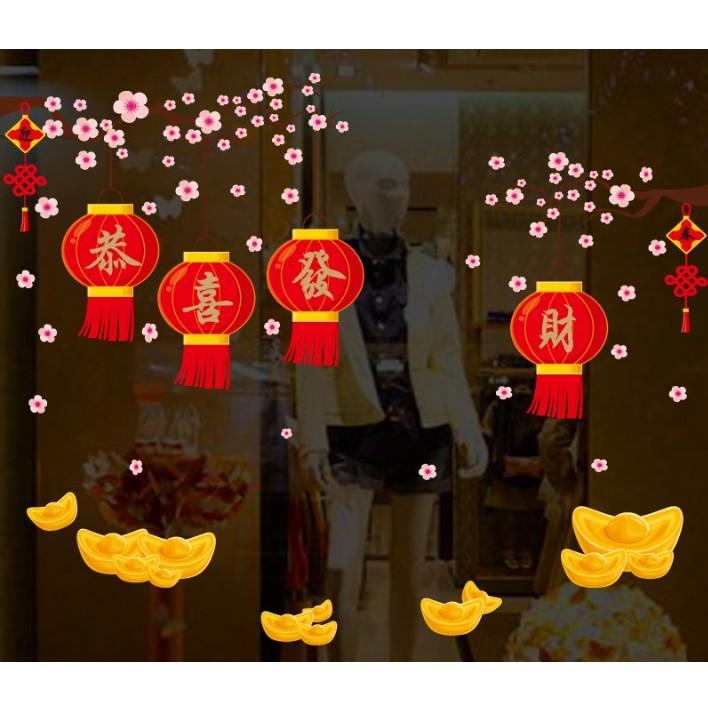 Decal trang trí Tết - Lồng đèn đỏ và nén Vàng chúc Xuân