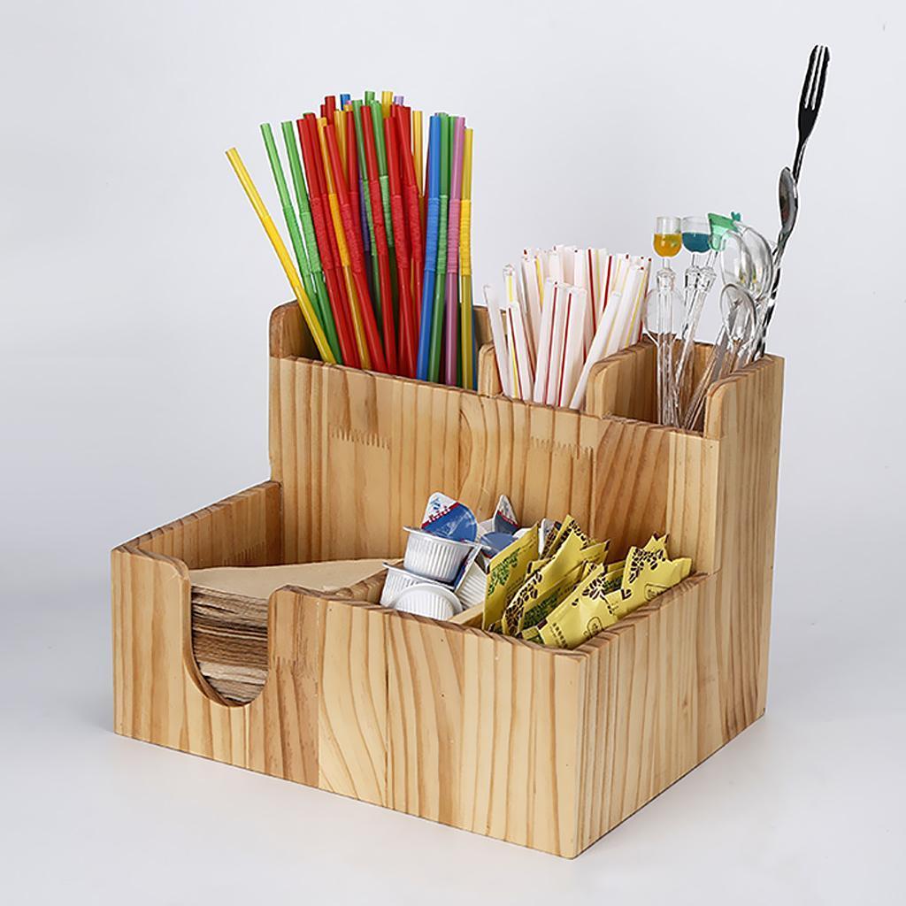 Wooden Cup lid dispenser Coffee Condiment and Accessories Caddy Organizer