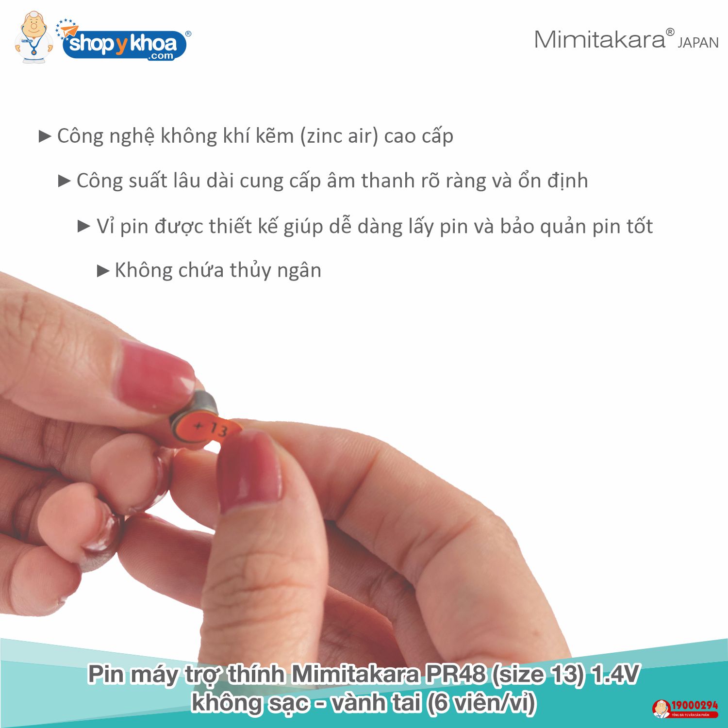 Pin máy trợ thính Mimitakara PR48 (size 13), 1.4V, không sạc - vành tai (6 viên/vỉ)