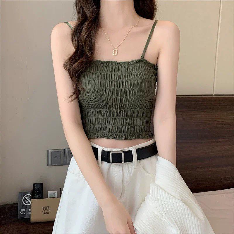 M31. Áo 2 dây croptop thun nhún sẵn mút ngực cá tính, áo nữ kiểu crotop sang chảnh 2022