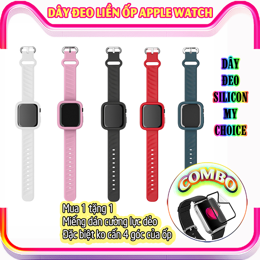 Dây Đeo liền ốp dành cho Apple Watch 7/6/5/4/3/2/1 size 38/40/41/42/44/45mm silicon vân nổi - nhiều màu