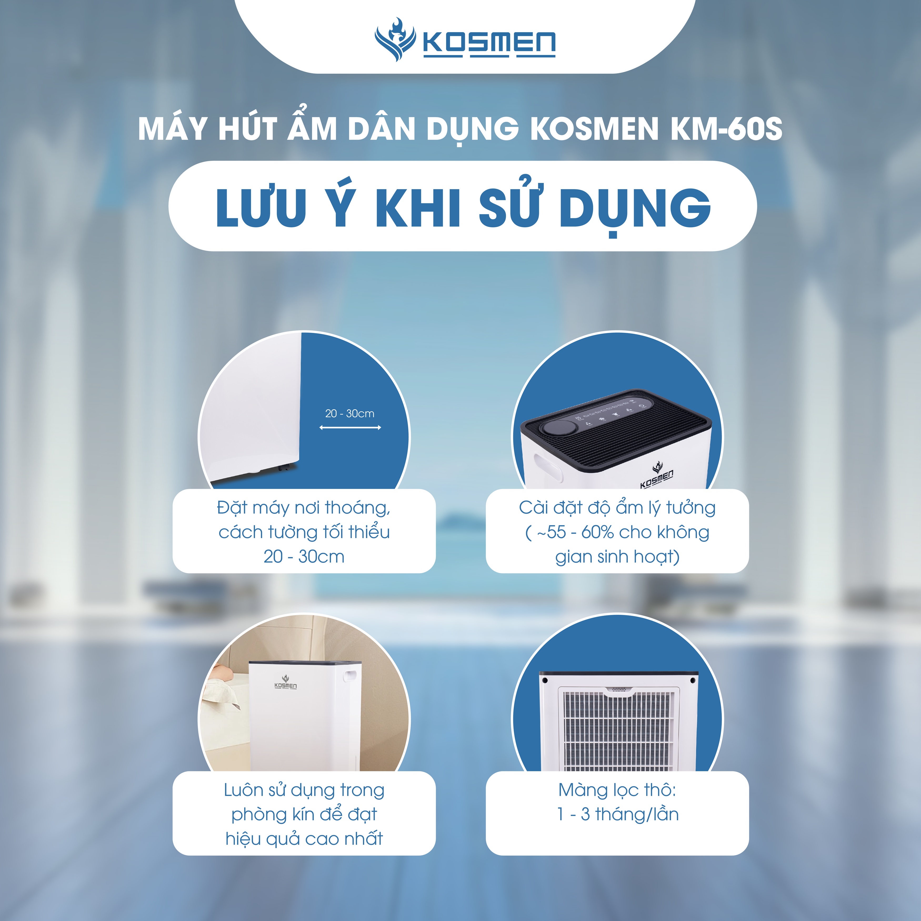 Máy Hút Ẩm Kosmen KM-60S Công Suất 60 lít/ngày, Công Nghệ Ion Âm - Hàng Chính Hãng