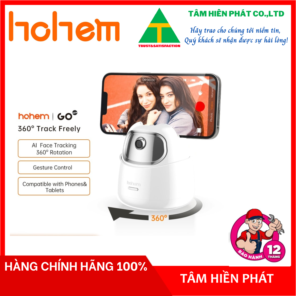 Hohem Go - Giá đỡ điện thoại, máy tính bảng theo dõi khuôn mặt bằng công nghệ AI, xoay 360 độ - Pin sử dụng đến 10h - Hàng chính hãng - Bảo hành 12 tháng