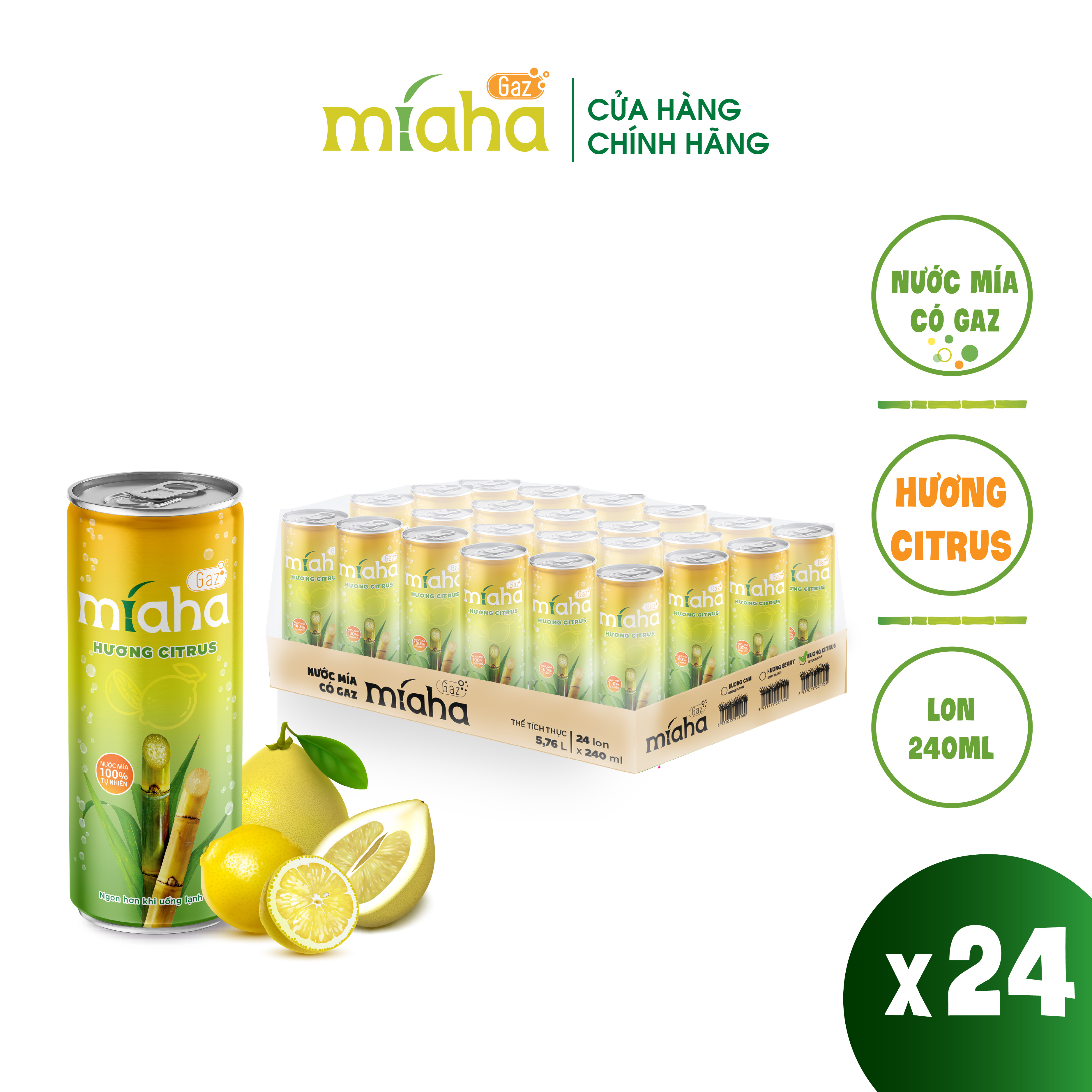 Thùng 24 lon Nước mía có gaz MÍA-HA GAZ hương Citrus 240ml/Lon 