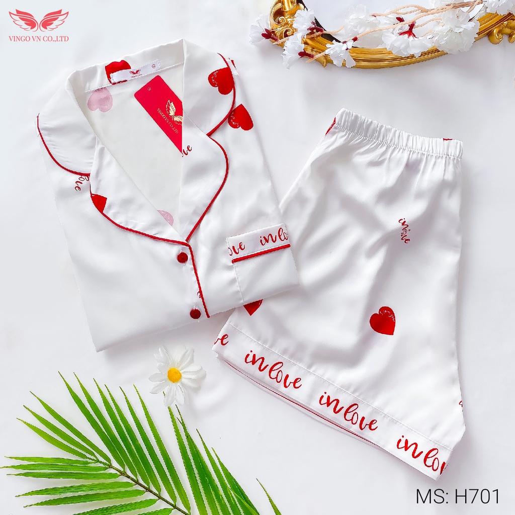 Đồ bộ nữ mặc nhà Pijama lụa Pháp mềm mát VINGO tay ngắn quần cộc họa tiết trái tim In Love dễ thương mùa Hè H701 VNGO