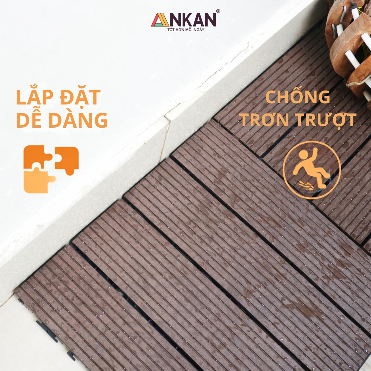 Sàn Vỉ Gỗ Nhựa Composite Cao Cấp, Lót Sàn Ban Công Nhà Tắm, Vỉ Dày Chắc Chắn Có Vít Ốc Dưới Nan, Màu Nâu Mới, Dễ Dàng Lắp Đặt