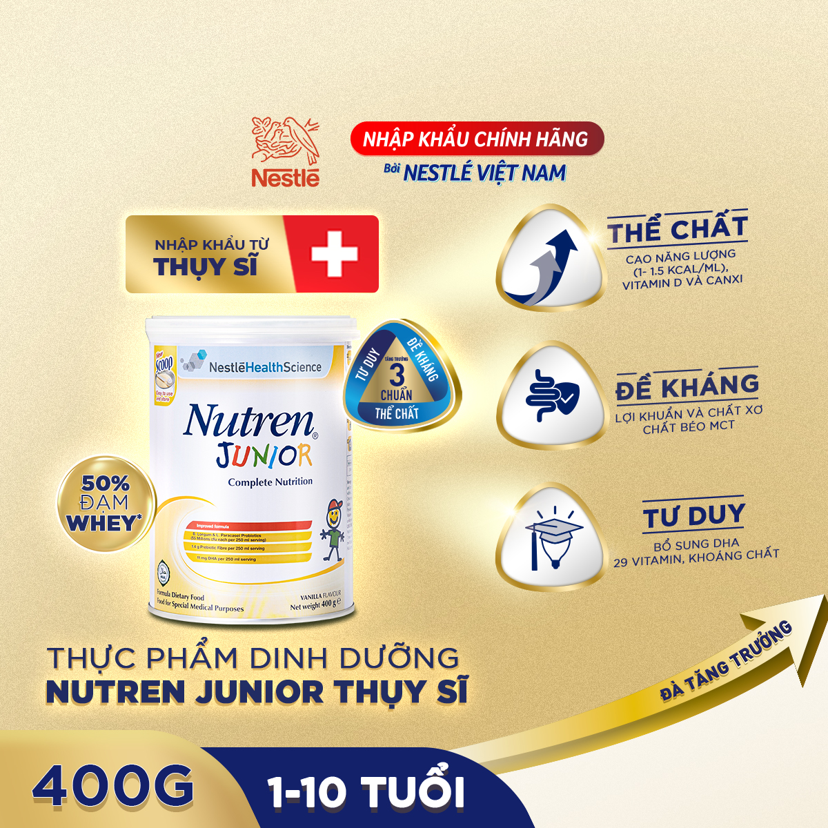 Thực phẩm dinh dưỡng Nutren Junior Thụy Sĩ hỗ trợ tăng cân tiêu hóa tốt cho trẻ từ 1 đến 10 tuổi 400g -  Tặng Túi đeo chéo máy bay