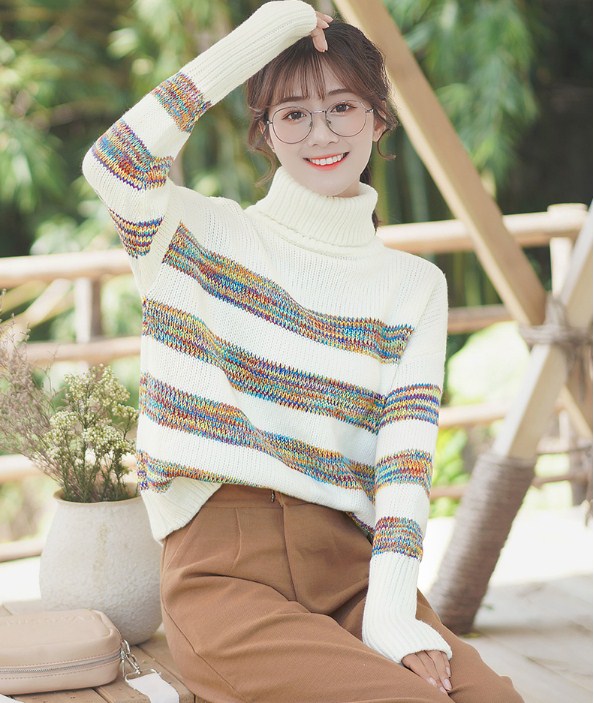 Áo len nữ cổ lọ sọc màu phom rộng kiểu Hàn siêu cute - DL41264