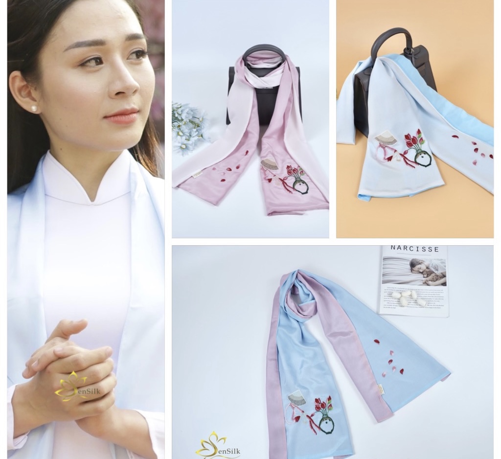 Khăn Lụa Thêu Handmade Cô Gái Nón Lá 2 Màu Sen Silk, 100% Silk Scarf Embroidery, Quà Tặng Thủ Công, Khăn Lụa Đẹp Thêu Tay