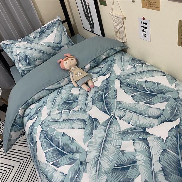 Bộ chăn ga gối Cotton poly M2T bedding, vỏ chăn , drap ga giường và 2 vỏ gối - Pl Lá chuối