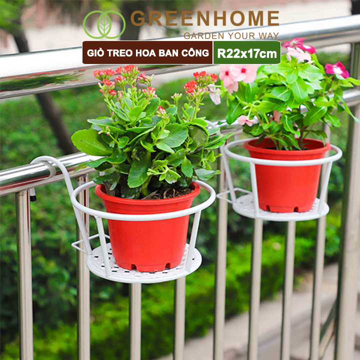 Giỏ treo hoa ban công, D22xC18cm, chất liệu sắt sơn tĩnh điện, phù hợp với mọi lan can |Greenhome