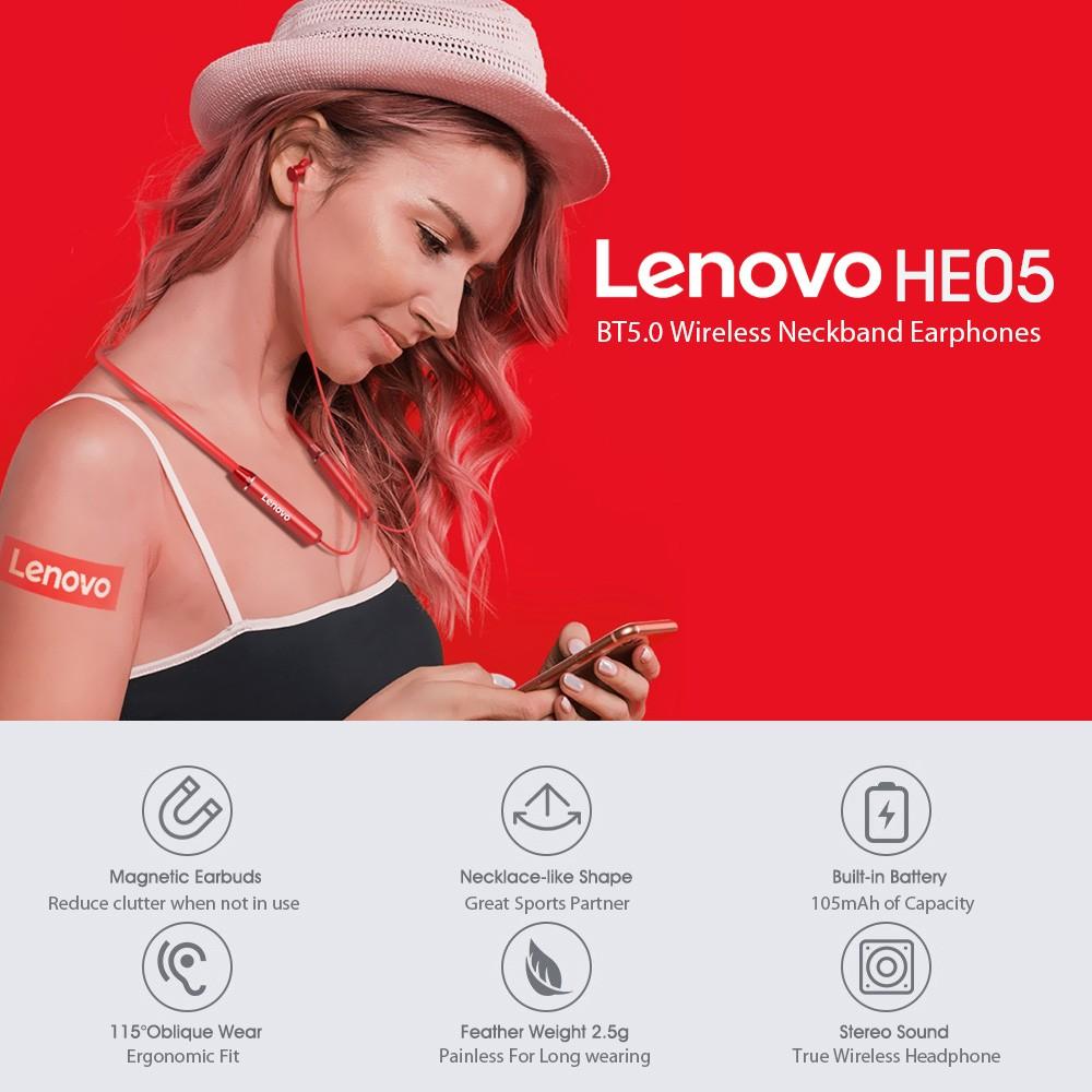 Tai Nghe Thể Thao Lenovo He05 Bluetooth 5.0 Đeo Cổ Có Nam Châm Chống Nước-Hàng chính hãng