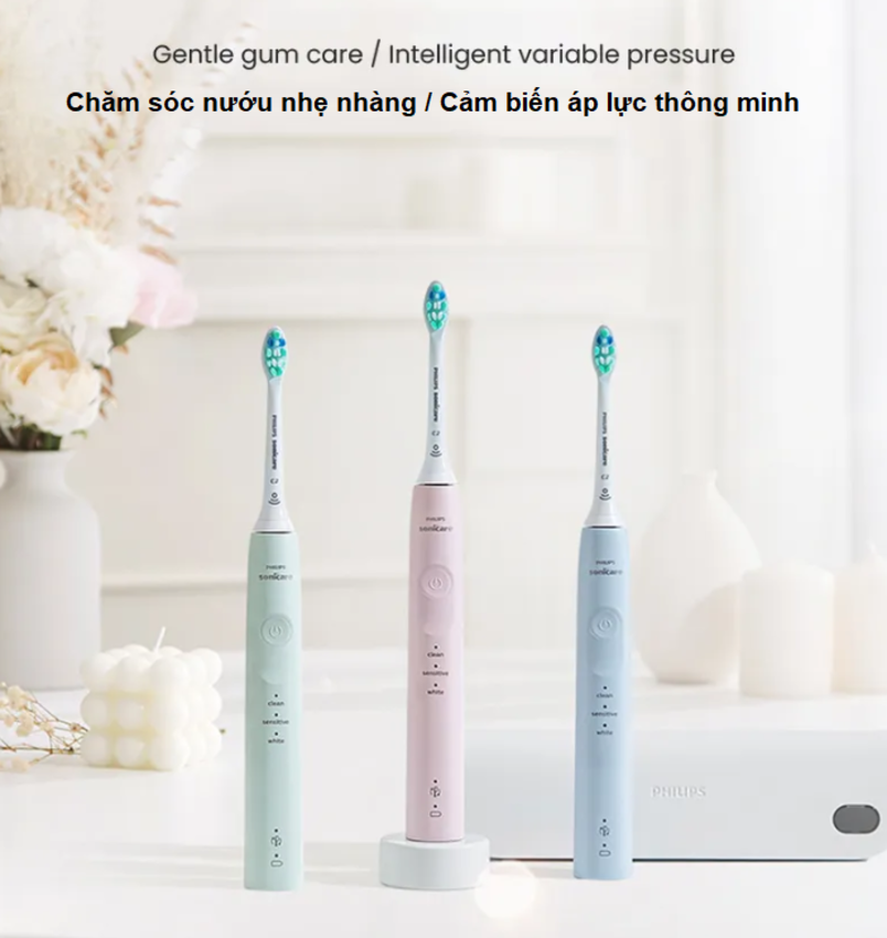 Bàn chải đánh răng điện rhương hiệu Hà Lan cao cấp Philips Sonicare Series 5200 HX3697 - 3 chế độ làm sạch - Hàng chính hãng