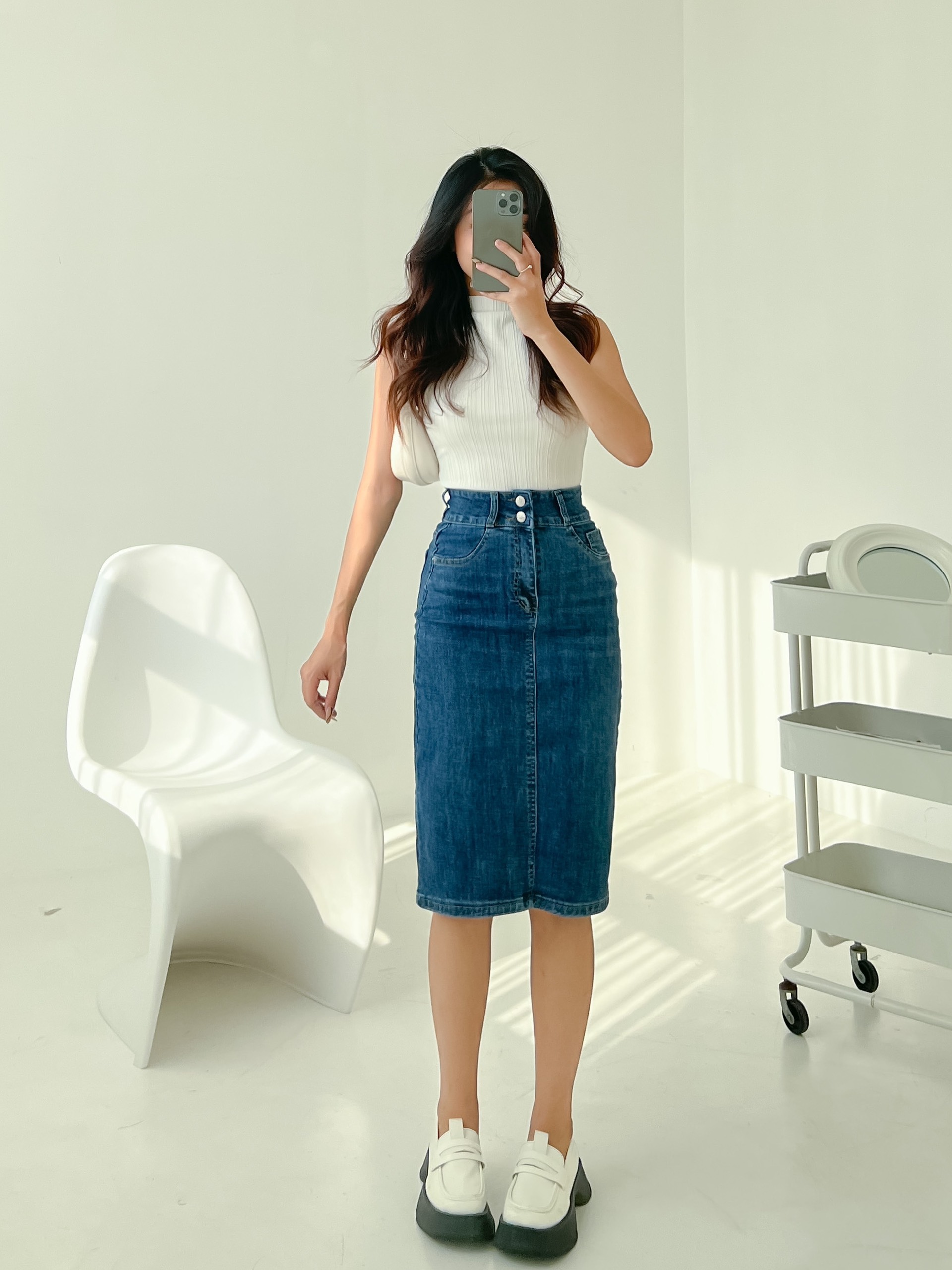 Chân váy jeans dài midi dáng bút chì lưng siêu cao chất jeans co giãn ôm eo tôn dáng mẫu mới HQJeans HQ9042