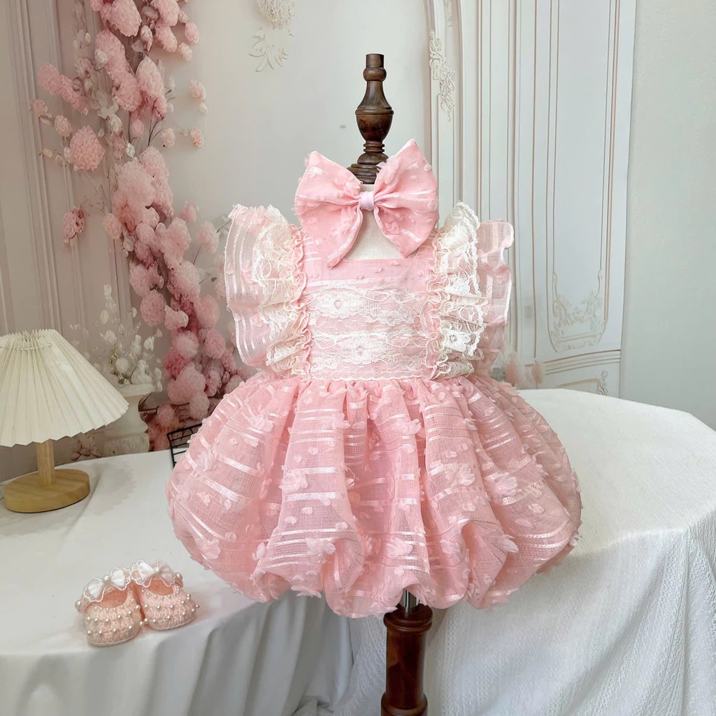 Set Body Váy Bí Voan Hoa Nổi Hồng Cho Bé Gái Sơ Sinh 1 2 Tuổi Từ 3-11KG Dành Cho Bé Gái
