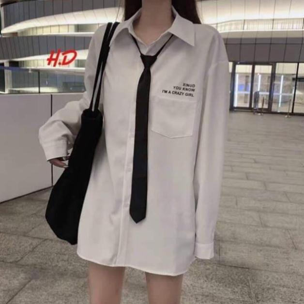 Áo sơ mi trắng nữ kèm cavat, áo sơ mi tay lỡ dáng thụng có cavat ND9