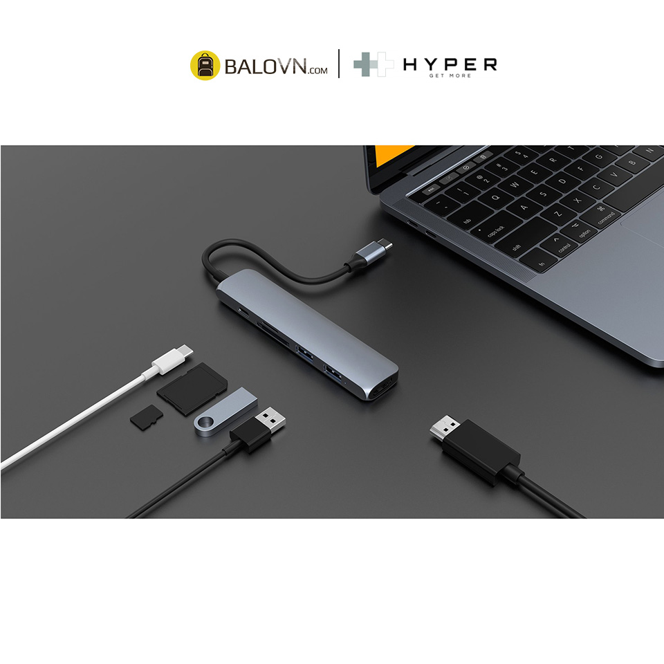 Cổng Chuyển Type-C Hyperdrive HDMI 4K Bar 6 In 1 USB-C Hub for Macbook, Ipad PC &amp; Devices (HD22E) - Hàng Chính Hãng