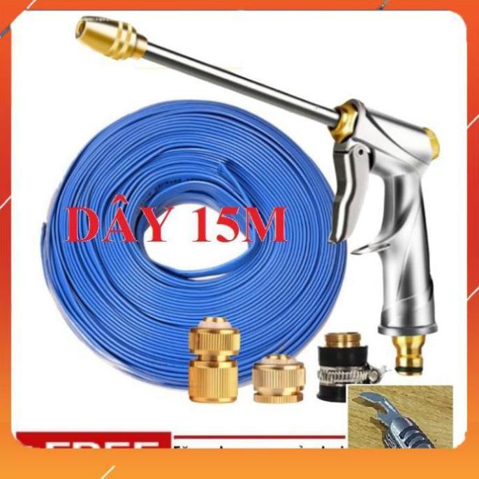 ️Evoucher Bộ dây vòi xịt nước rửa xe, tưới cây , tăng áp 3 lần, loại 15m 206701-2 đầu đồng, cút đồng+ mở chai