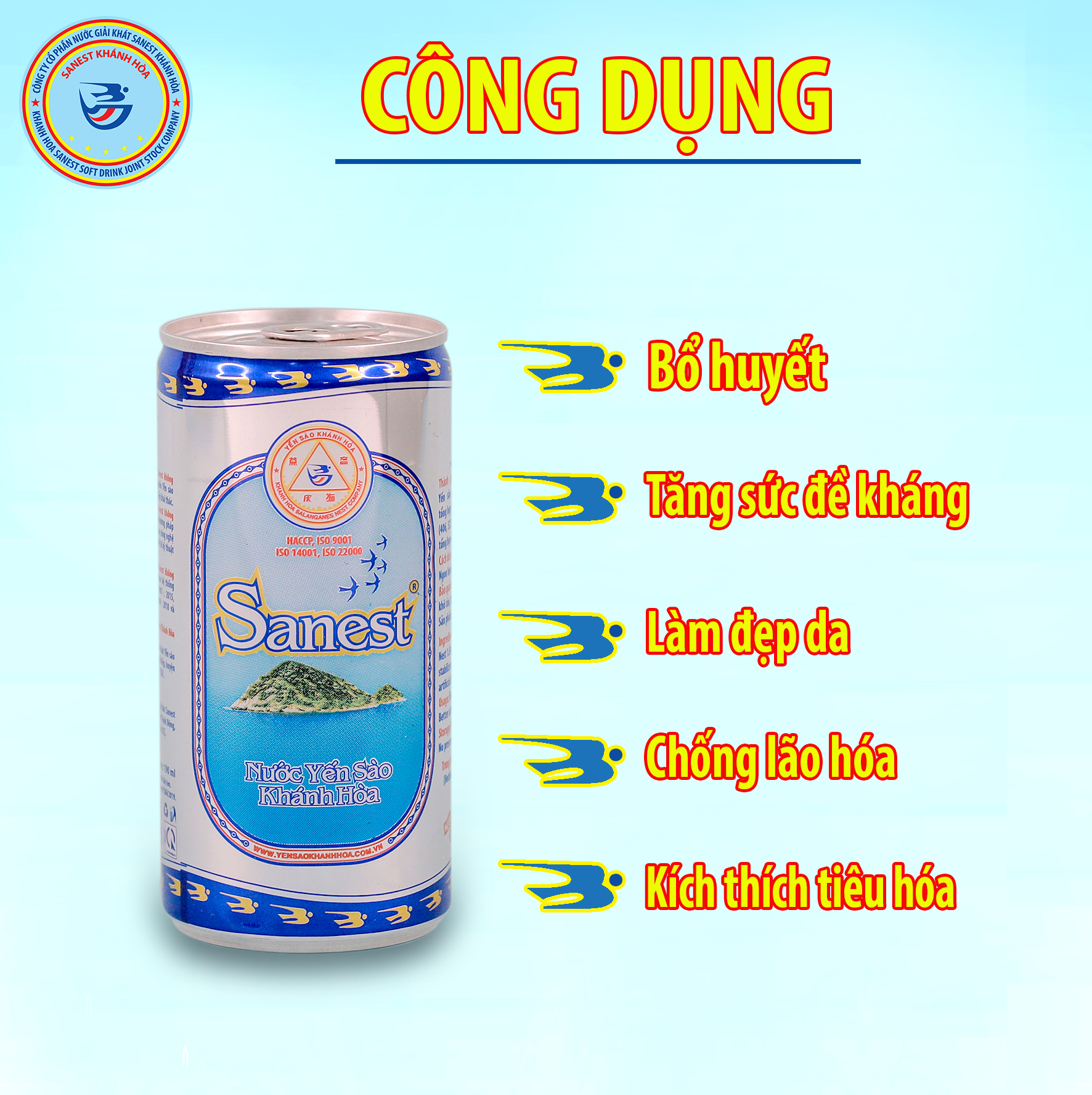 Hộp 6 lon Nước Yến sào Khánh Hòa Sanest đóng lon 190ml - Sản phẩm sử dụng đường dành cho người ăn kiêng