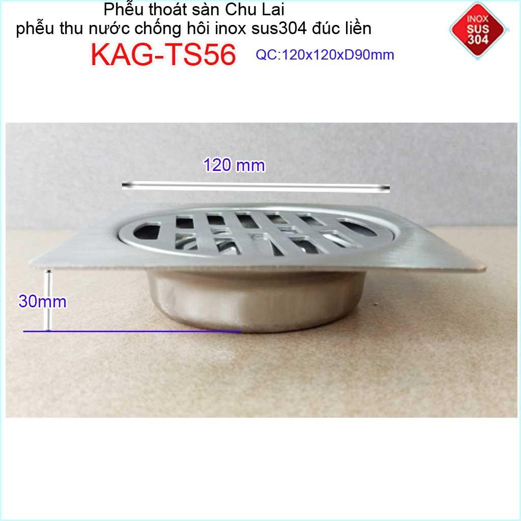 Phễu thoát sàn Chu Lai 12x12cm KAG-TS56-D90, hố ga Thoát sàn ống 9cm SUS304 inox đúc dày thoát nhanh chặn tóc tốt