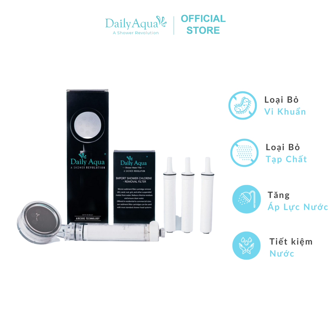 Bộ Vòi Sen Tăng Áp Lọc Nước Daily Aqua Kèm Lõi Lọc và Màng Lọc - Loại Bỏ Bụi Bẩn Vi Khuẩn, Tạp Chất