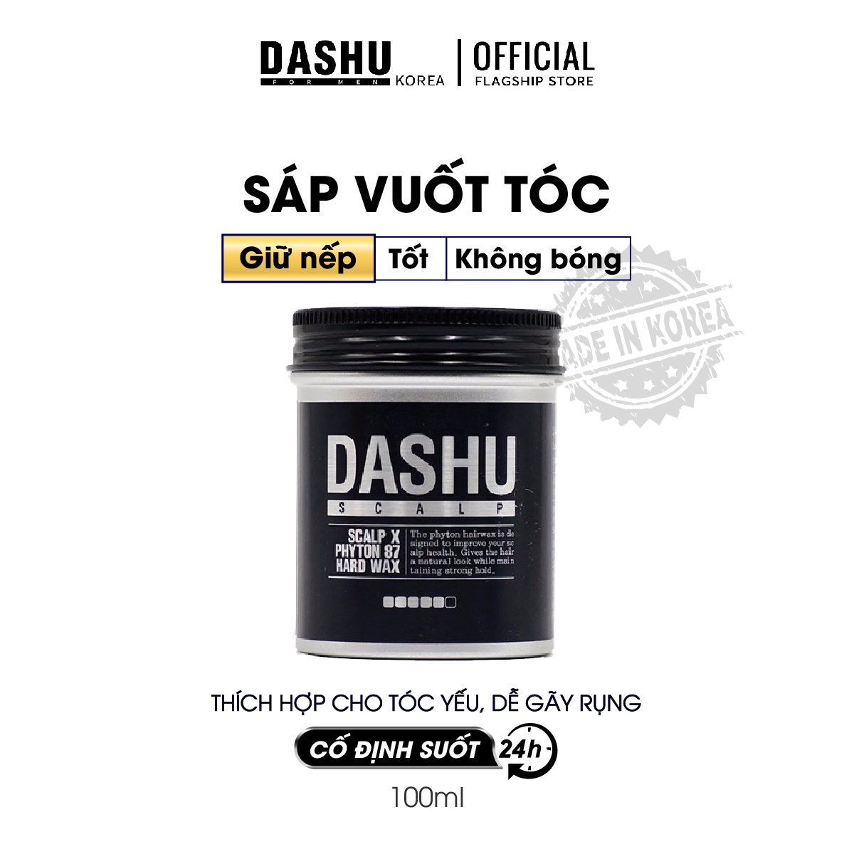 Sáp vuốt tóc nam tạo kiểu Hàn Quốc cao cấp Dashu scalp X phyton 87 hard 100ml, wax hair Made in Korea bổ sung thêm nhiều thảo dược và thực vật từ tự nhiên giúp dưỡng tóc, bảo vệ da đầu, dùng tốt cho mọi loại tóc.