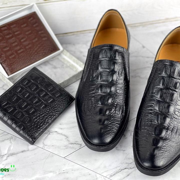 Giầy da nam dáng lười da bò dập vân cá sấu - HS09 đen