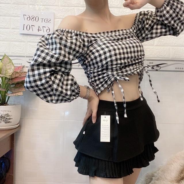 Áo tay dài phồng nhún eo vải kate