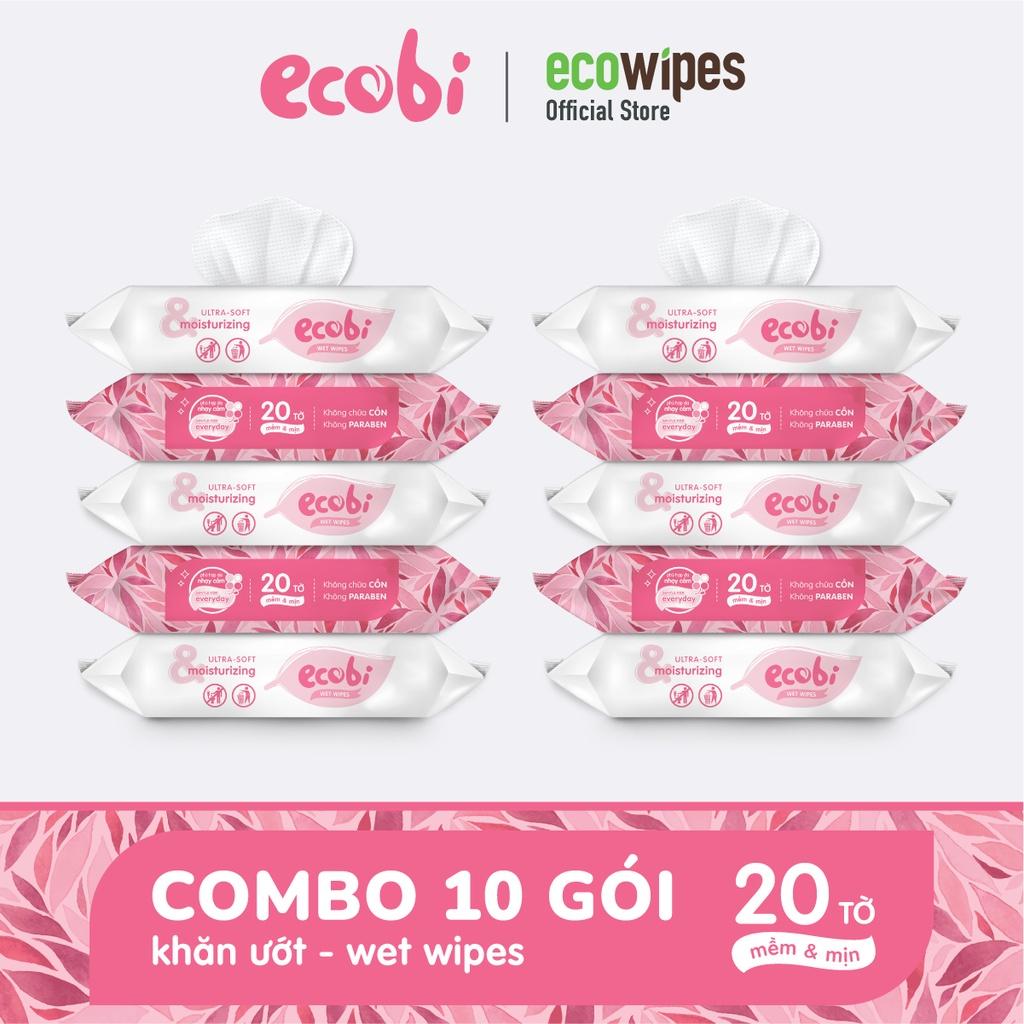Combo 10 gói khăn ướt cho bé Ecobi gói 20 tờ Ecobi Hương dịu nhẹ không cồn không paraben an toàn cho làn da nhạy cảm của bé