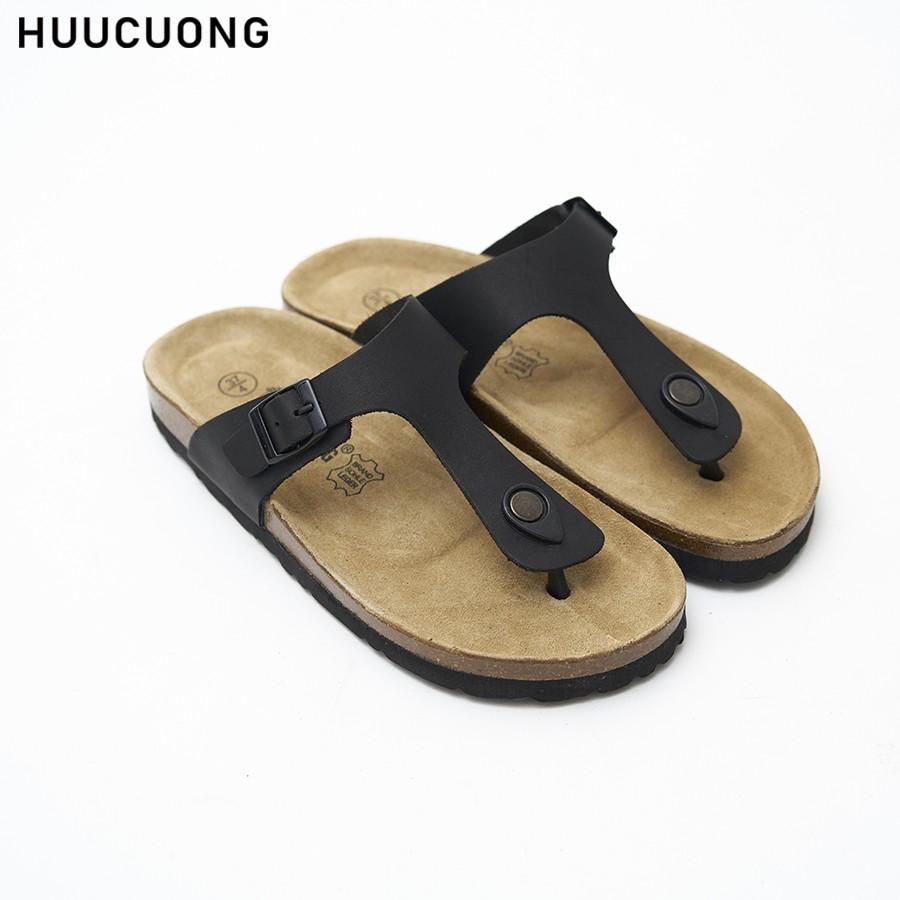 Dép unisex Huucuong kẹp ngón da bò đen đế trấu handmade