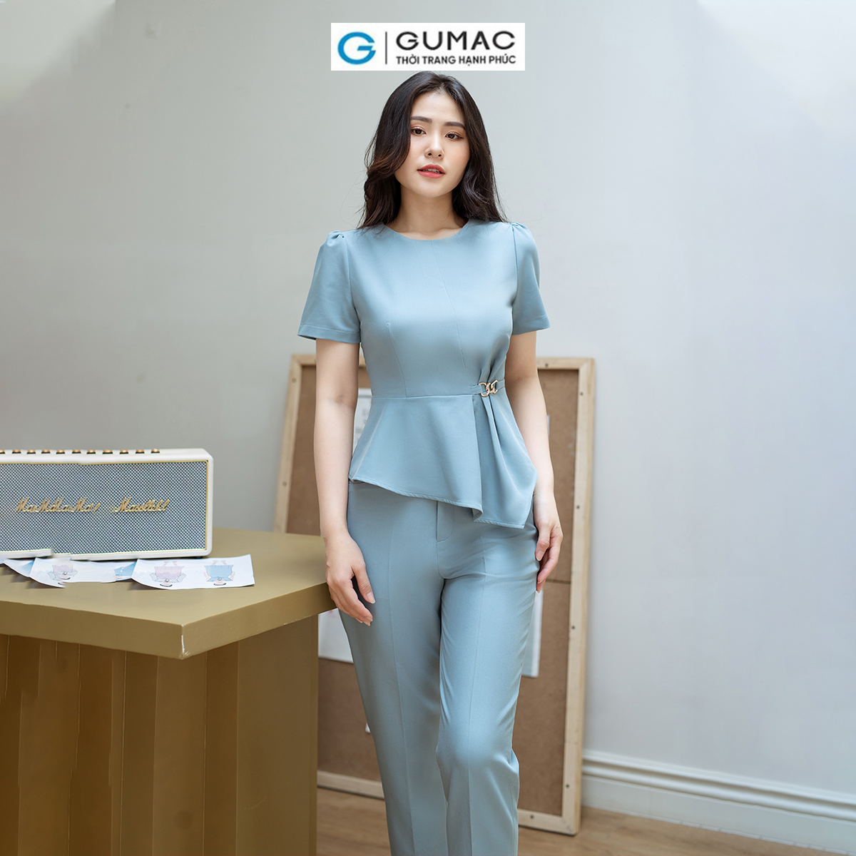 Áo kiểu dáng Peplum phối phụ kiện vải cotton lạnh GUMAC AD08036